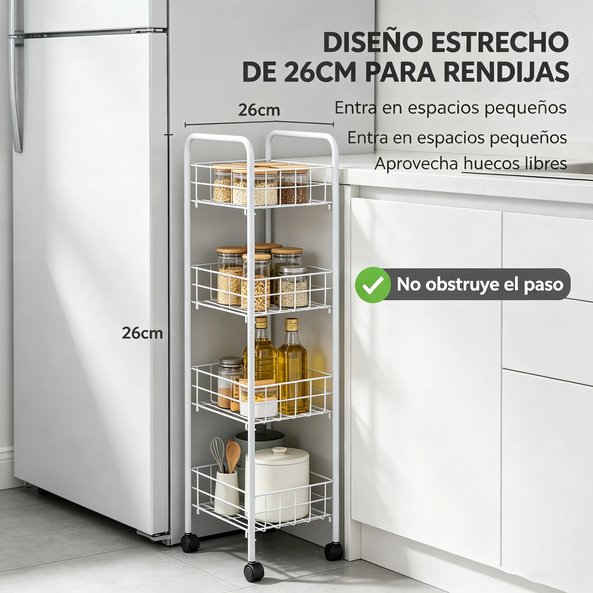Chariot de rangement en fer blanc à 4 niveaux avec roulettes, largeur étroite 26 cm pour les espaces entre le réfrigérateur et les meubles, rangement des légumes et des fruits