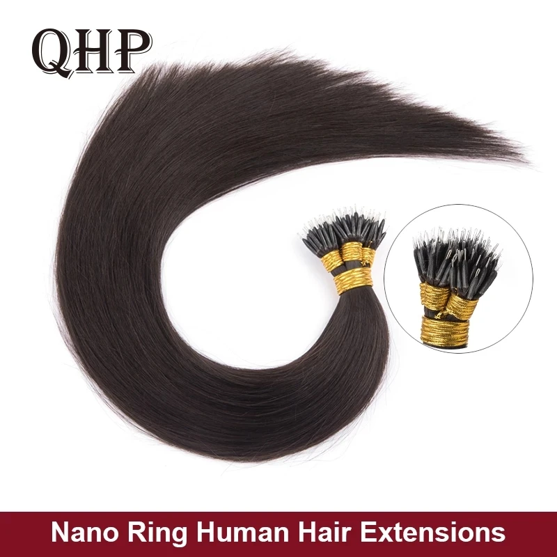 QHP Straight Natural Nano Rings Hair Extensions 100% Remy Human Hair Micro Beads Brown Blonde Color 50g/Set Micro Link Extension