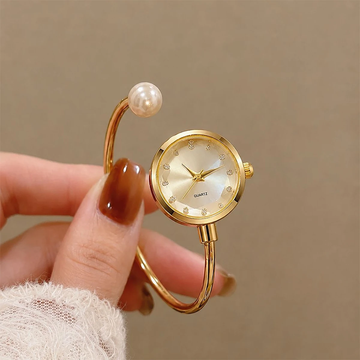 6-Piece Elegant Open Bracelet Women's Watch Jewelry Set, Fashionable Rhinestone Women's Quartz Wristwatch