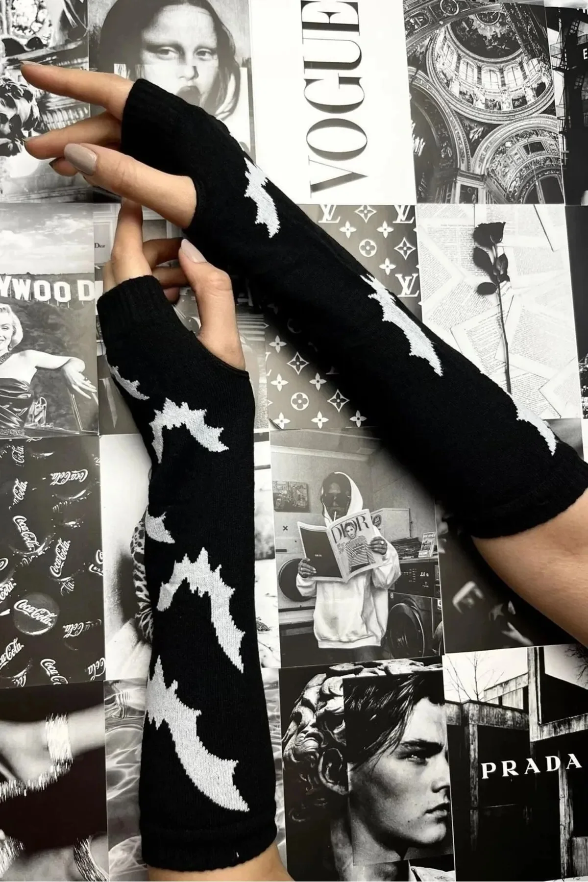 Gloves Sleeve Black Bat Patterned Lycra Cotton Unisex