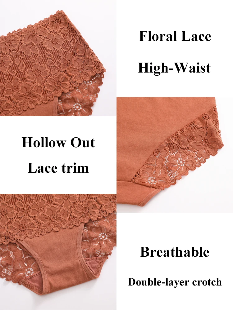 FINETOO 3Pcs Women's Floral Lace Panties High-Waist Breathable Underwear Sexy Hollow Out Briefs Big Size Comfortable Lingerie - Image 5