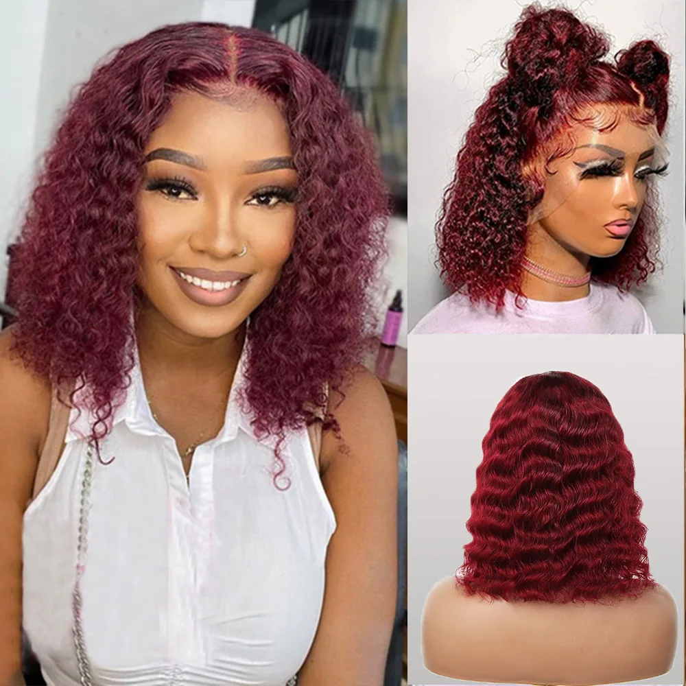 

Short Deep Curly Bob Wig 99J Burgundy Lace Front Wigs Human Hair Middle T Part Wig Wine Red Bob Wig for Black Woman Human Hair