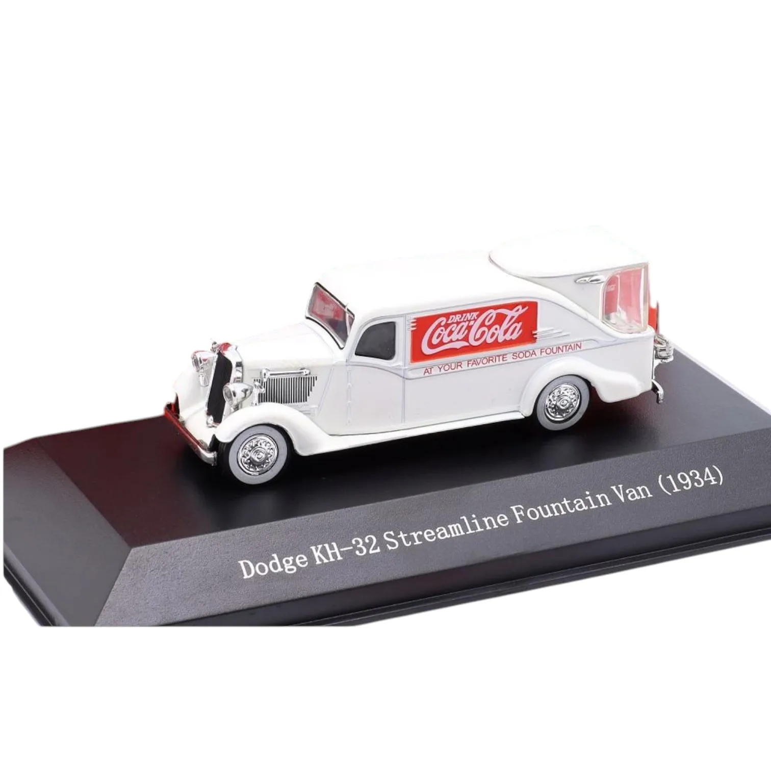 DeAgostini, KH-32 streamline Fountain 1931, Vehículo clásico publicitario de reparto relacionado con bebidas refrescantes, Escala 1:72, Miniatura Diecast, Colección de Publicidad Vintage, Embalaje caja original, Base serigrafiada modelo y año