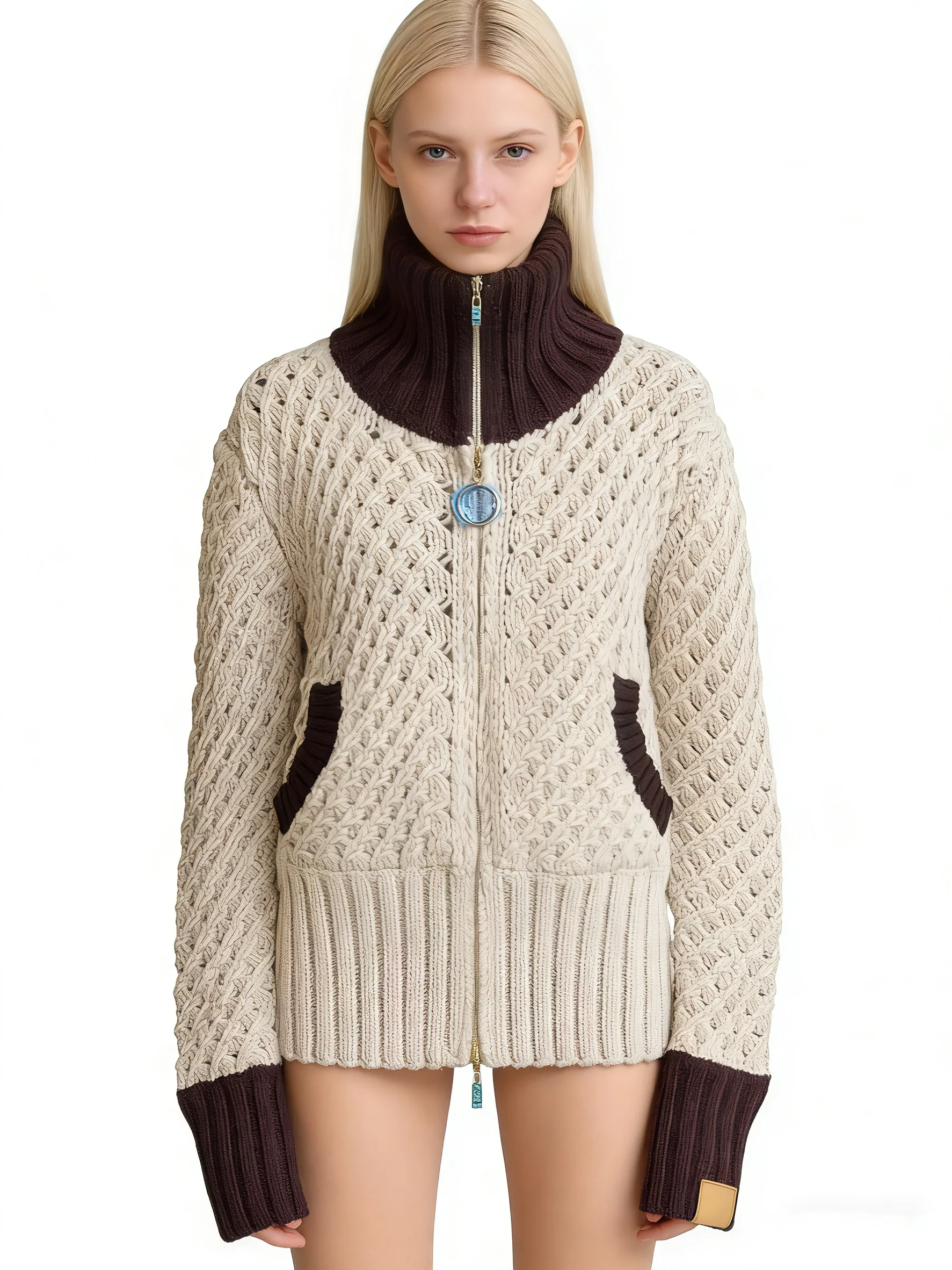 

Шерстяной винтажный вязаный кардиган для женщин на молнии с контрастным воротником, укороченный, с длинными рукавами, верхняя одежда