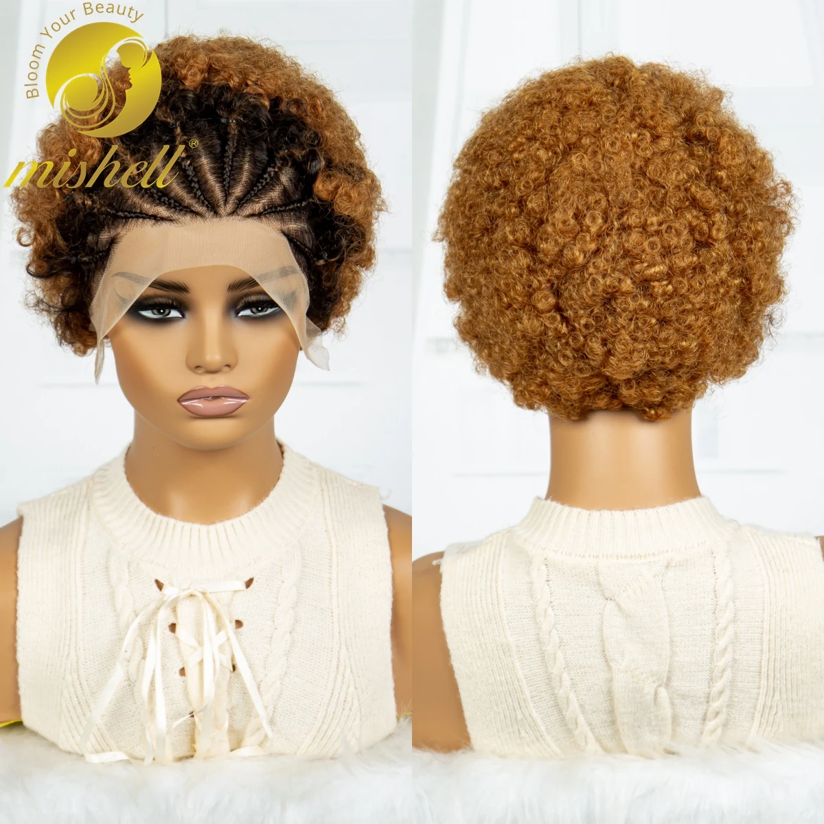 

6 inch 1B30 Color 250% Density 13x4 Transparent Lace Afro Kinky Curly Human Hair Wigs with Braids Bouncy Curly Bob Wig for Women