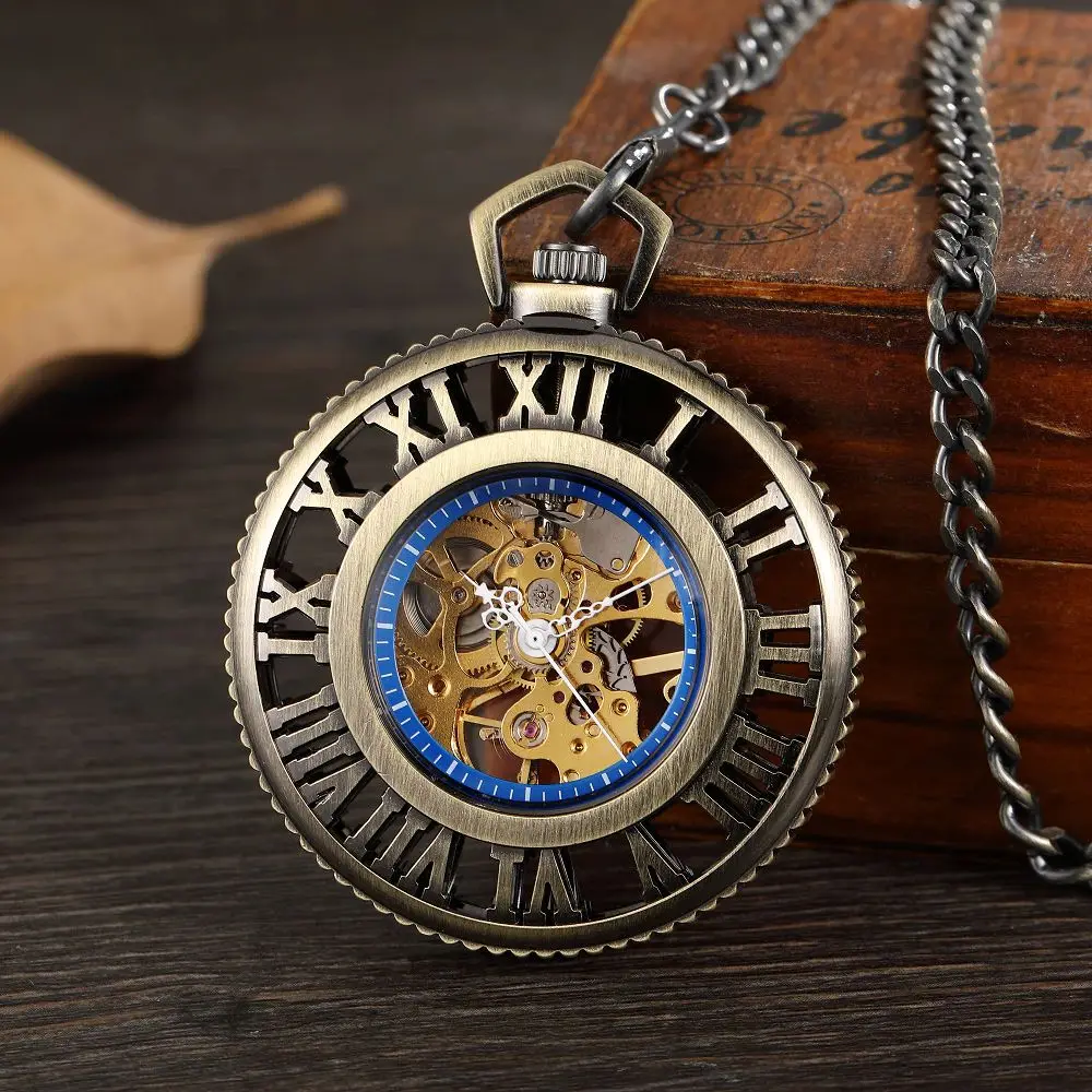 

Retro Automatic Mechanical Luxury Pocket Watch Hollow Hand-Wind Steampunk Watches Roman Numerals Clock With Chain Reloj Hombre