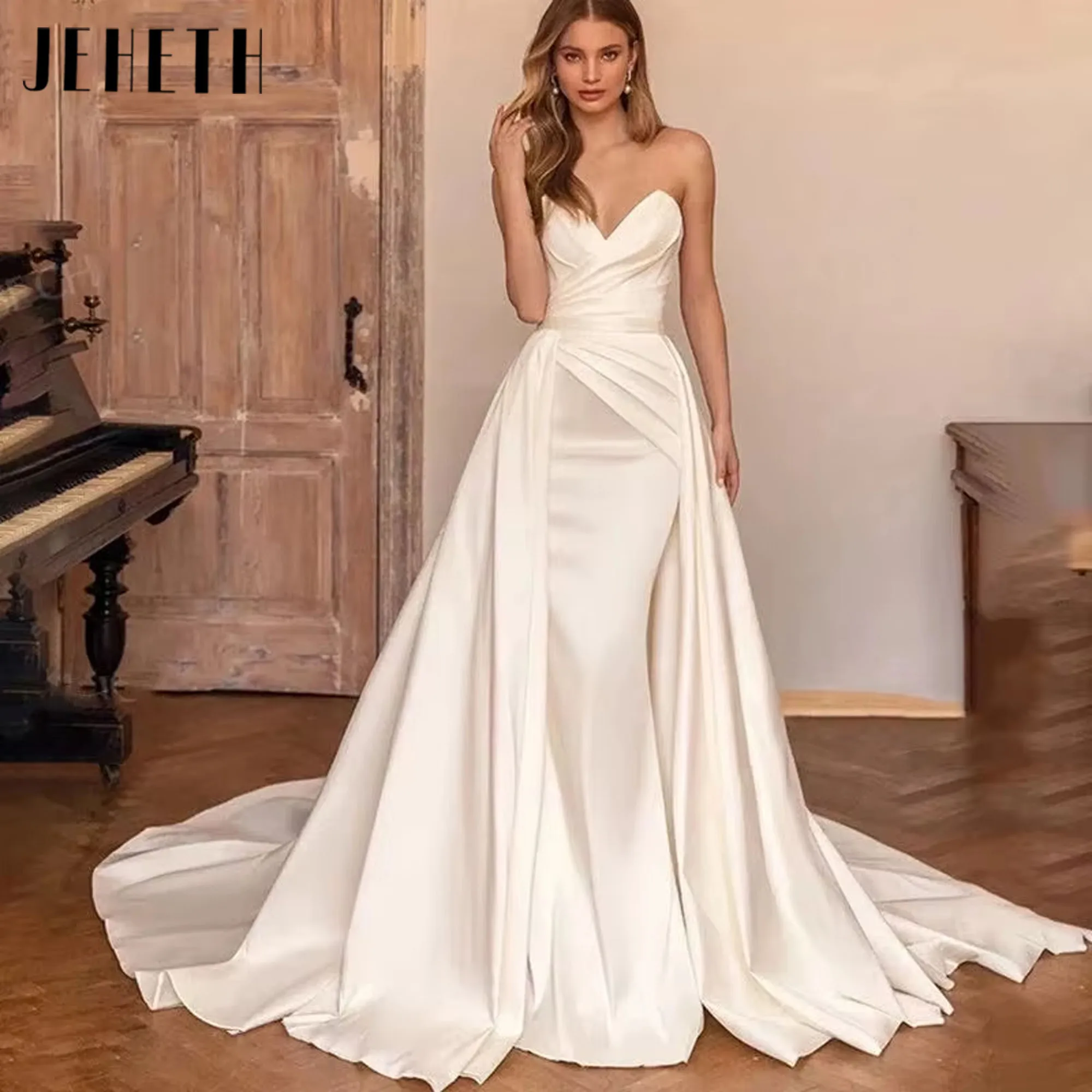 

JEHETH Elegant 2 In 1 Detachable Train Mermaid Wedding Dress Satin Sweetheart Sleeveless Simple Princess Bride Gowns Customized