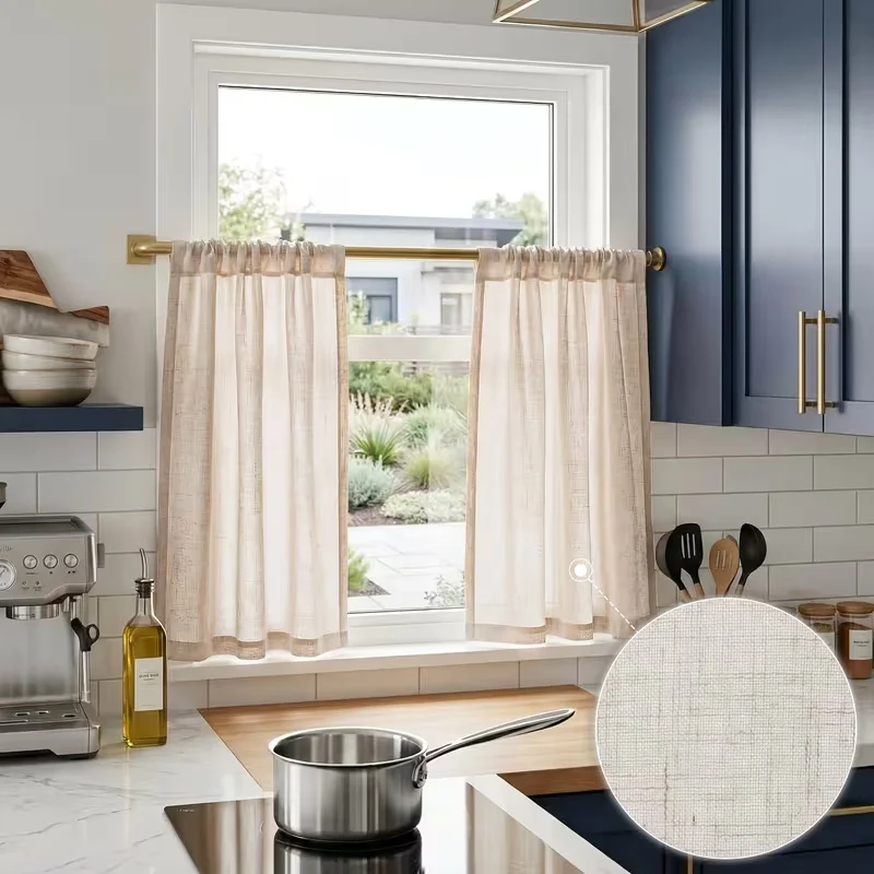 2PC  French Country Faux Linen Café Curtains for Small Windows, Kitchen & Dining Privacy Panels