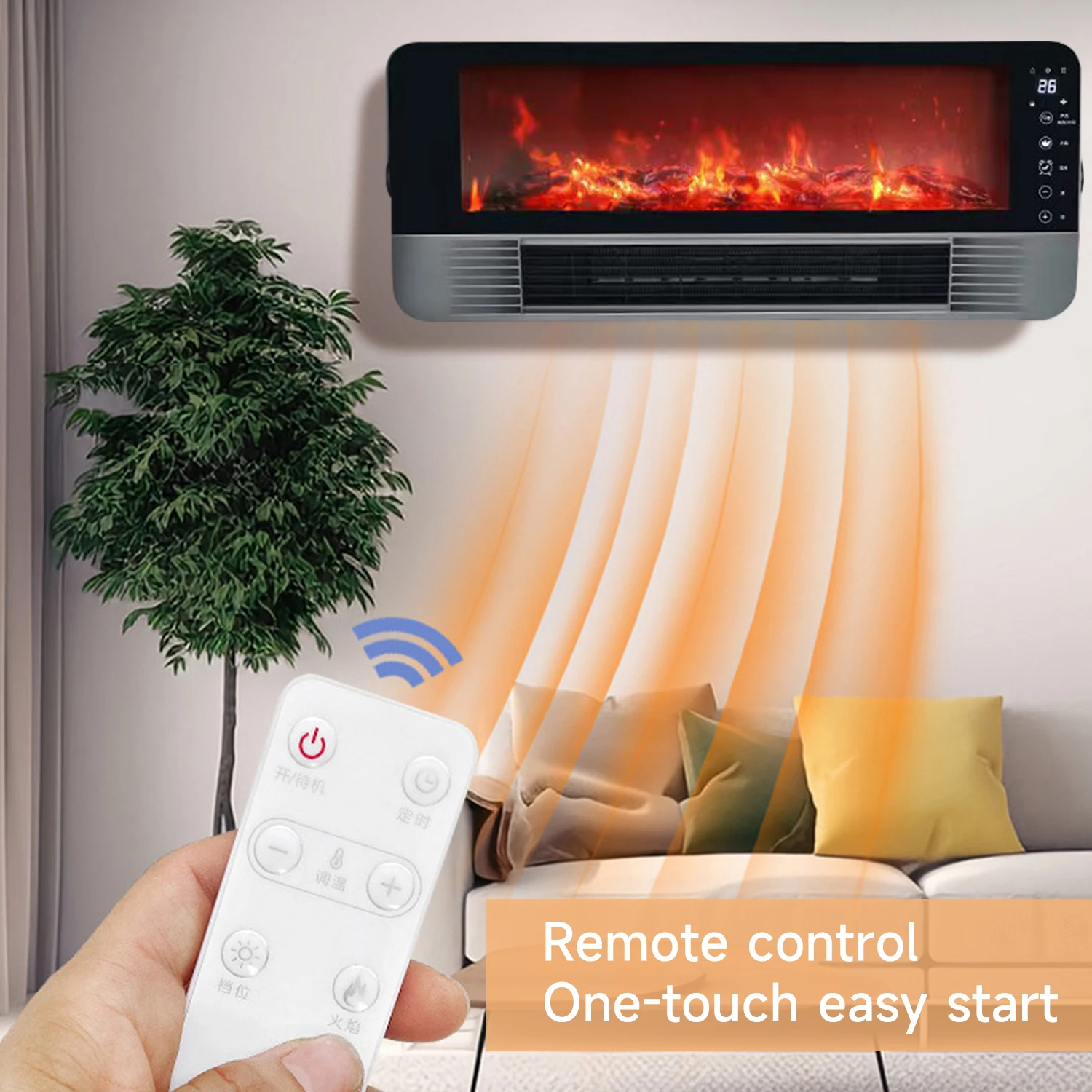 Heater With Remote Control Simulation 3D Flame Effect 2000W Wall-Mounted Electric Heater PTC Ceramic Technology Warm Fan