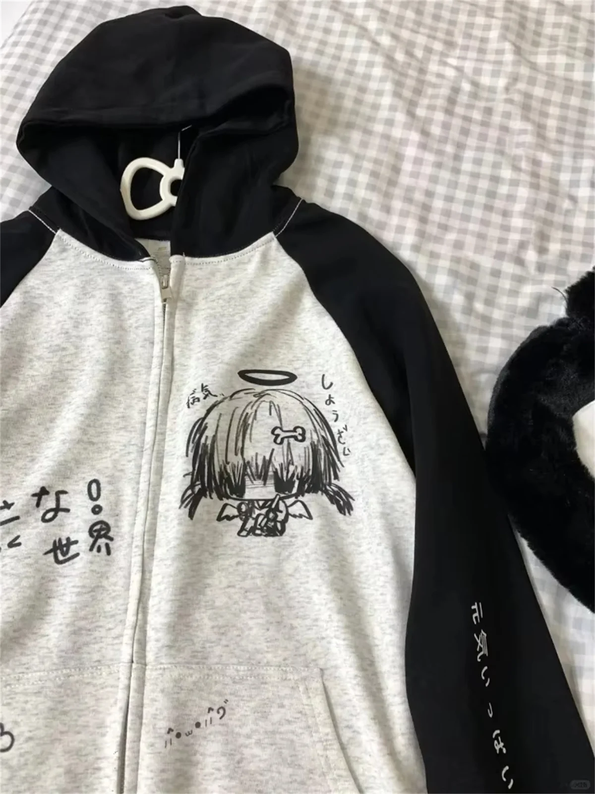 Japanische Kontrastfarben-Kapuzenoberteile für Damen, Y2k-Ästhetik, Cartoon-Print, Grunge-Hoodie, lässiger Reißverschluss-Sweatshirt, Harajuku-Streetwear – Detail 2