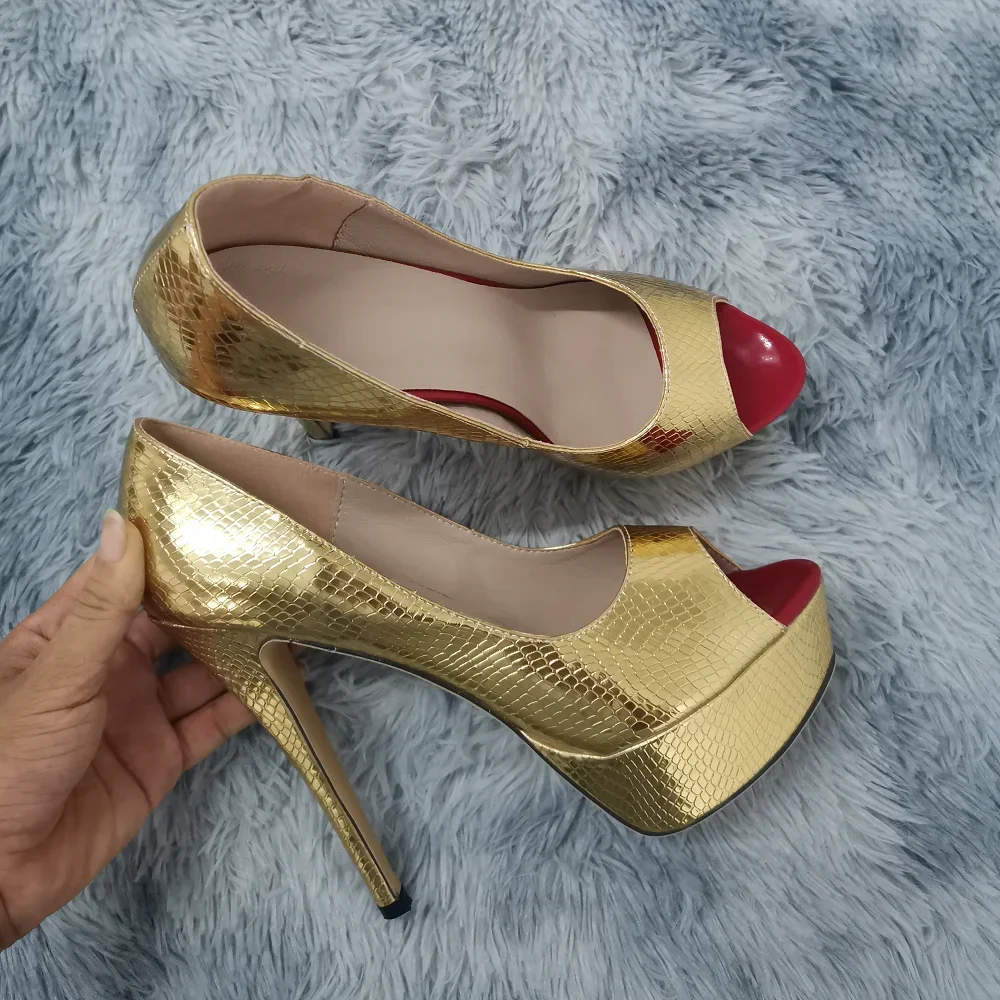 LOSLANDIFEN femmes pompes mode Sexy 14 cm mince talons hauts bout ouvert plate-forme motif Crocodile Stiletto robe de soirée chaussures de mariage