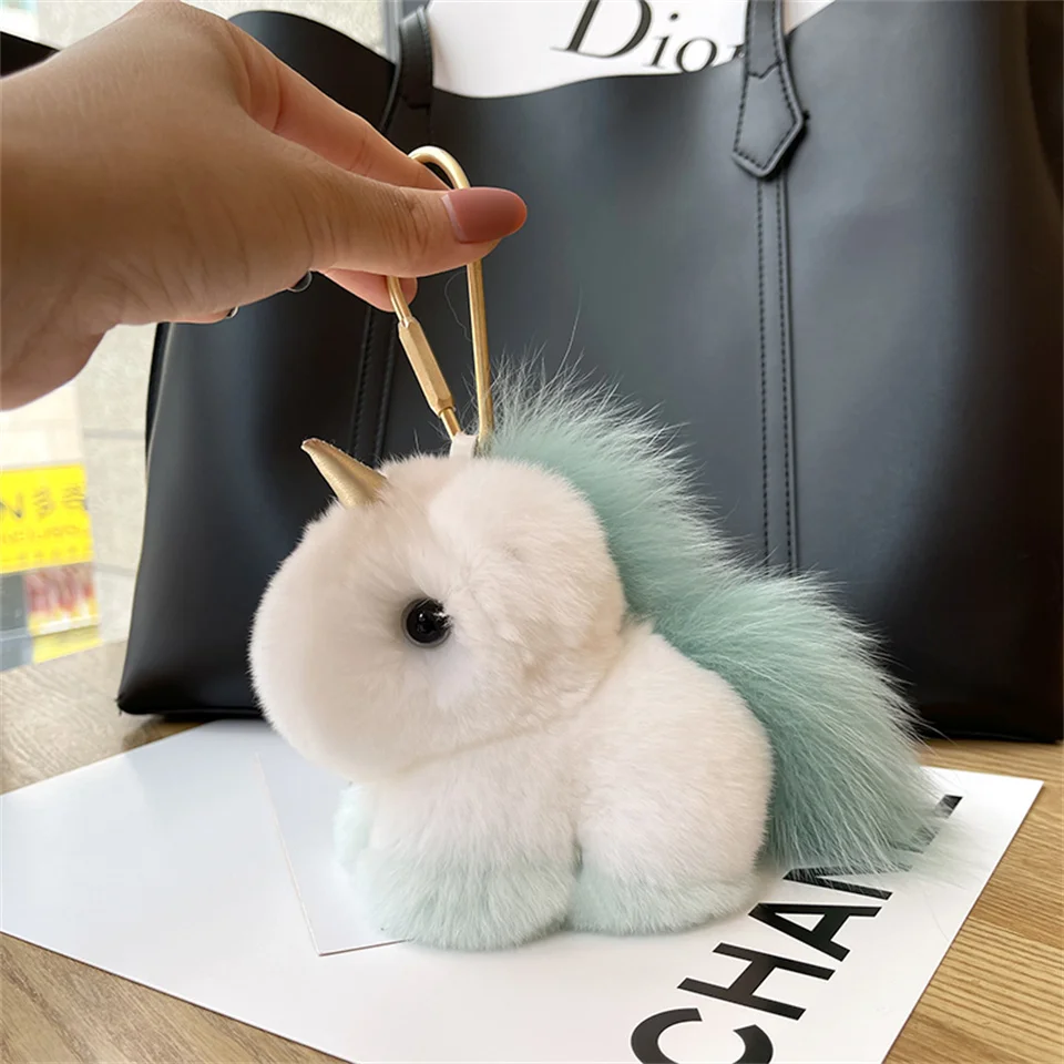 Fluuffy Cute Unicorn Bag Charm Real Rex Rabbit Fur Key Ring Backpack Clips Handbag Key Accessories Bag Charms For Girl Women