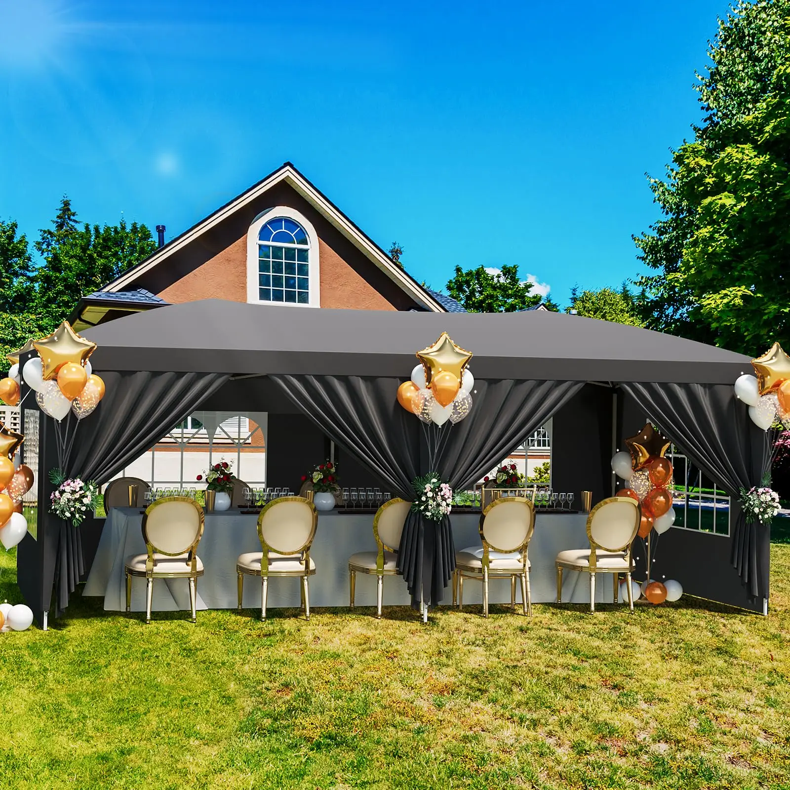 10x20 Pop Up Canopy Tent with 6 Removable Sidewalls, Easy Up Commercial Canopy Tents for Parties, Large Heavy Duty Outdoor Canopies with 3 Adjustable Heights, Stakes X18, Ropes X6, Grey view 8