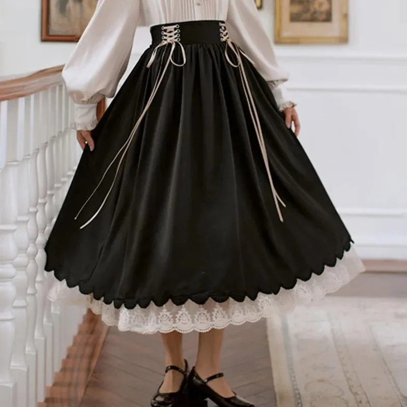 Jesień Zima Kobiety Midi Długa Spódnica Vintage Mori Girl Sznurowana Wysoka Talia A-Line Plisowane Śliczne Koronkowe Szwy Ruffle Lolita Spódnice — zdjęcie 2