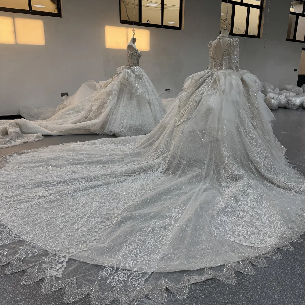 Wedding Dresses For Brides Luxury Long Sleeve V-Neck Beading Crystal Ball Gown Lace Long Train Vestido De Noiva Casamento