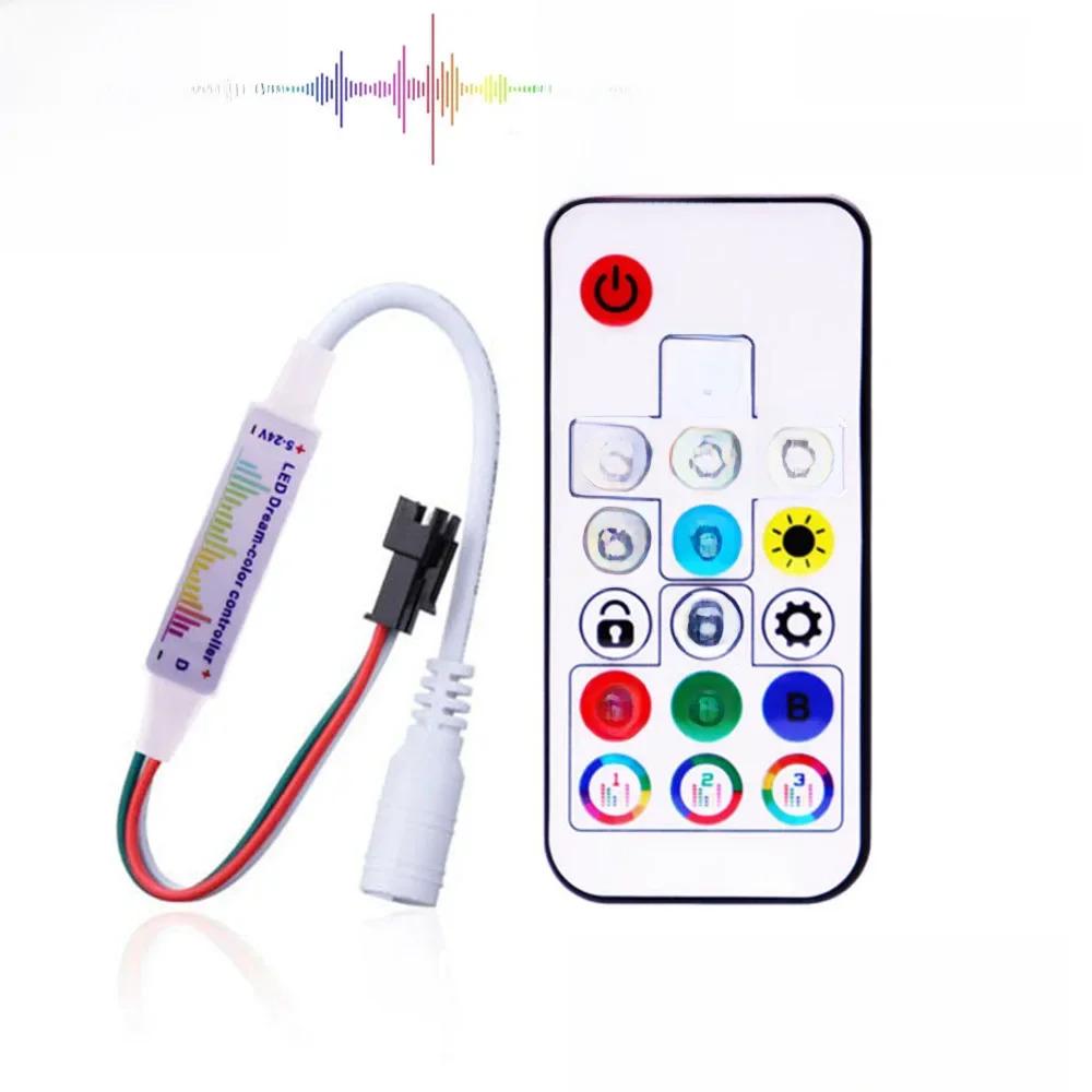WS2812B WS2811 5050 taśma Led RGB kontroler muzyki MINI 17 klawiszy pilot RF 370 trybów zmiana DC/USB DC5-24V — zdjęcie 2