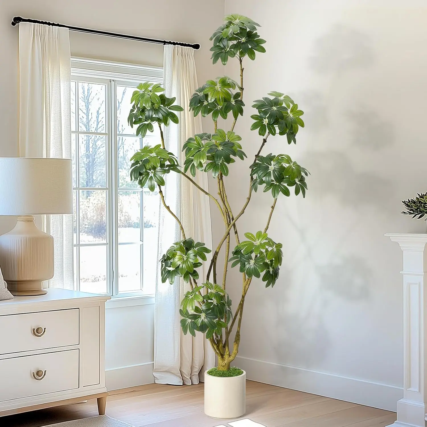 Albero artificiale a forma di ombrellone, pianta da interno alta e realistica, con vaso bianco, decorazione verde artificiale che non richiede manutenzione, ideale per la casa, l’ufficio, il