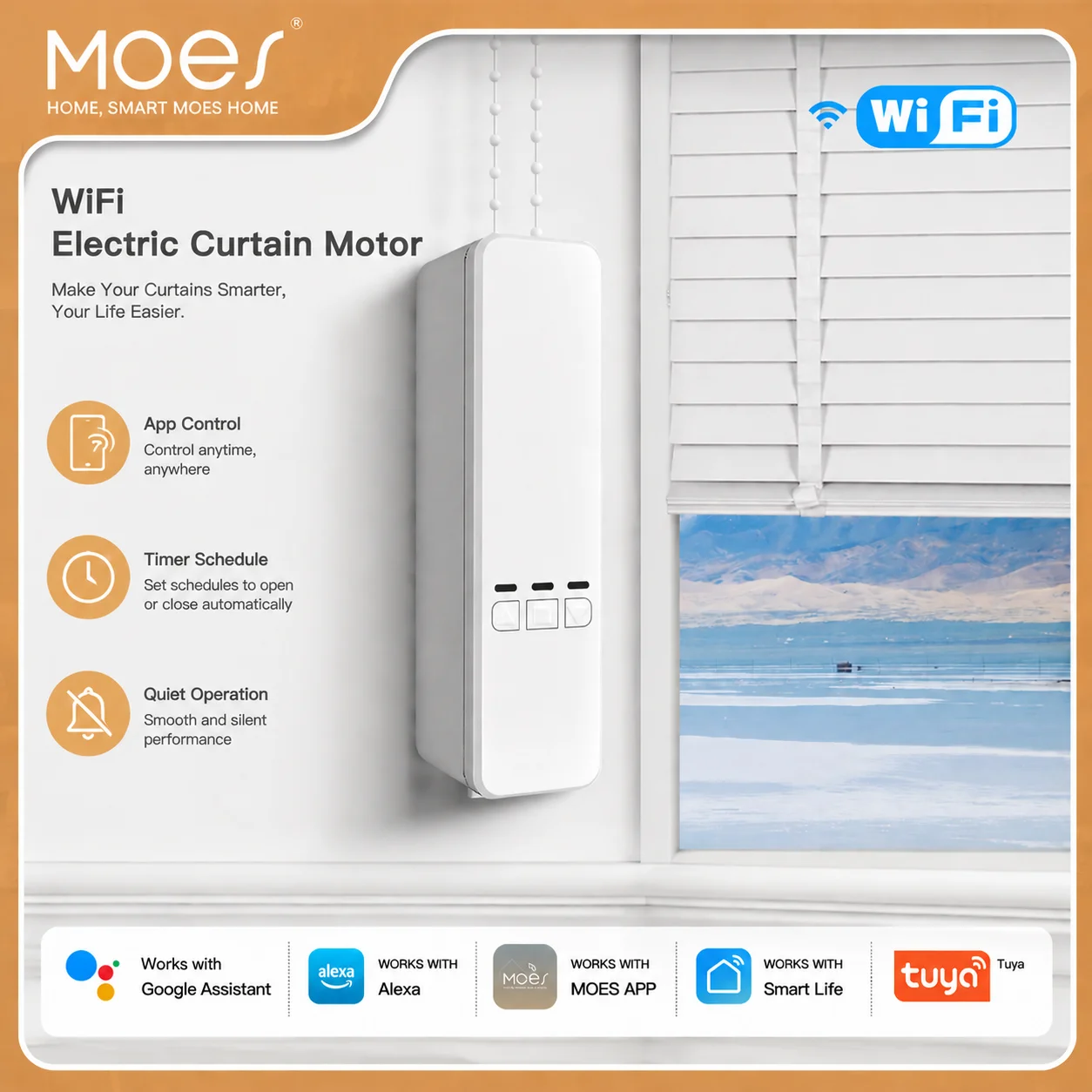 MOES Smart WiFi Motorized Roller Blinds – Electric Chain Drive, RF Remote, Tuya & Smart Life App, Alexa/Google Control