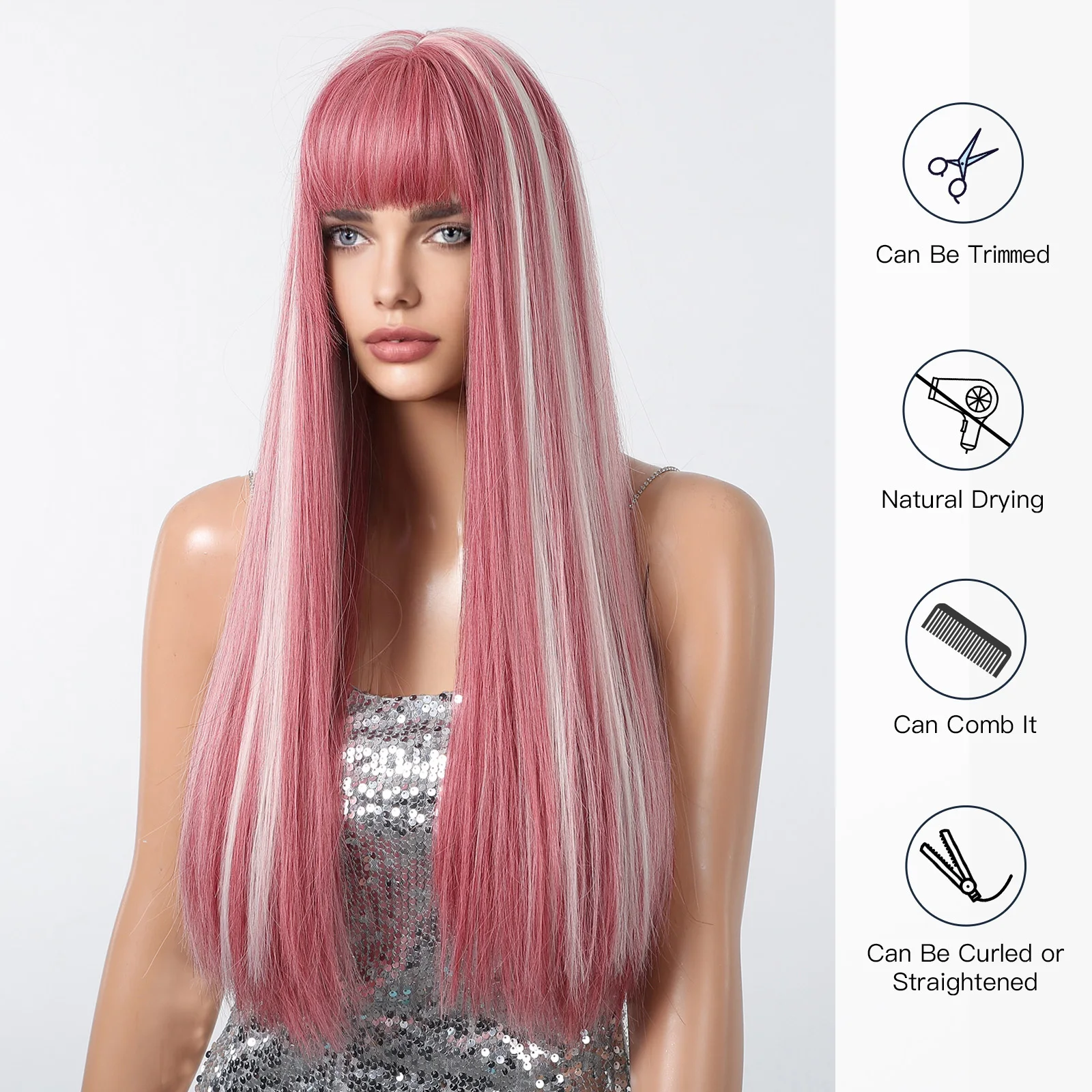 EASIHAIR-peluca sintética larga y recta para mujer, cabellera Natural de color rojo con flequillo, color rosa, resistente al calor, para Cosplay