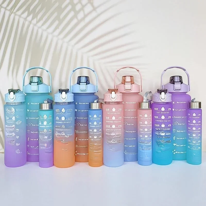 Ensemble de gobelets en plastique dégradé, bouteille d'eau de sport de grande capacité, voyage en plein air, salle de sport, pichets de Fitness, tasse Portable pour étudiant avec paille, 3 pièces