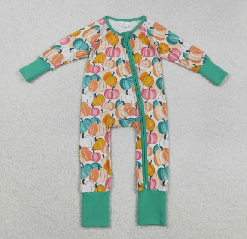 

LR2552 infant Kids Colorful Pumpkin Print Jumpsuits Baby Girls Fall Zipper Sleeper Romper Clothes