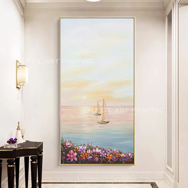 

100% Handmade thick colorful picture ocean seaside with sunset scenery landscape Oil Paintings on Canvas decoration as a gift