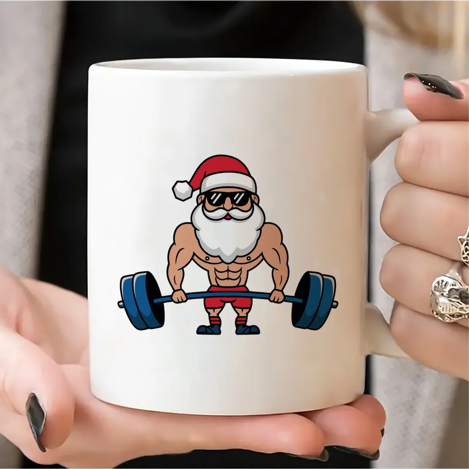 1-Pack, 11-Ounce Strong Santa Claus Coffee Mug, Muscular Santa Lifting a Barbell Ceramic Coffee Cup, Fun Fitness-Themed Drinkware, Suitable for Fitness Enthusiasts and Christmas Holidays