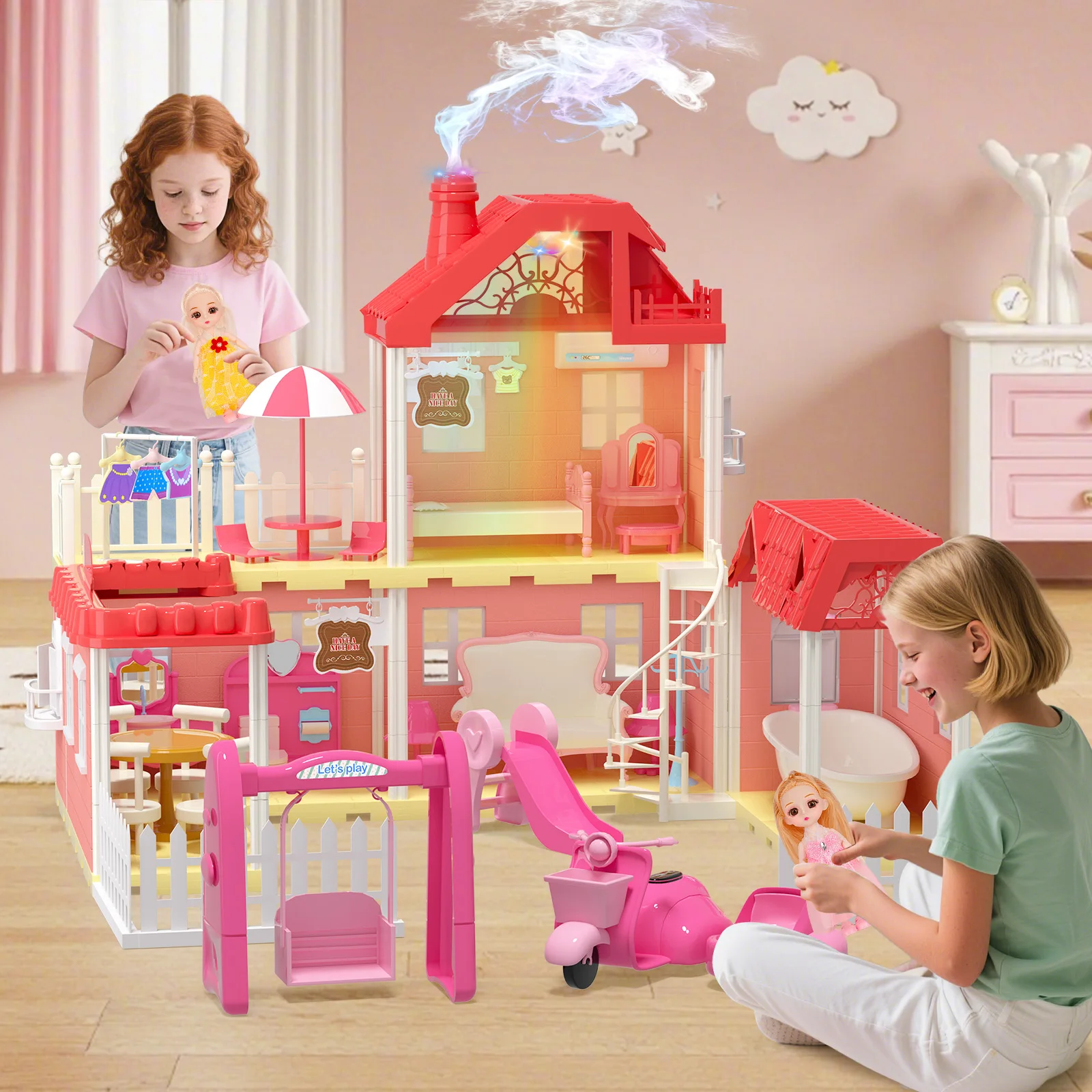 Lindo juego de casa de muñecas rosa para niñas, juguetes de castillo de lujo con muñecas, muebles, casa de juegos de juguete de princesa para niños, Festival infantil P
