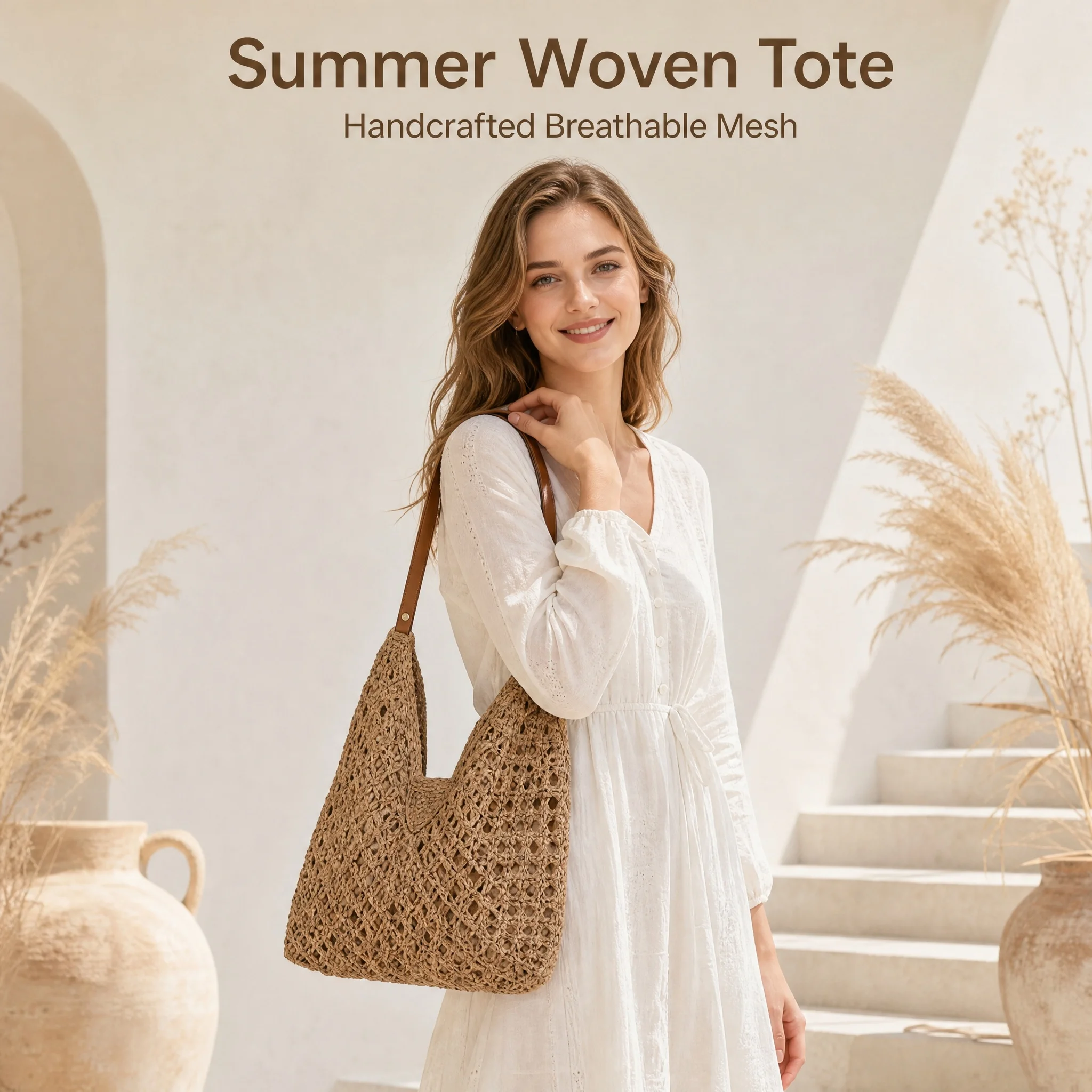 Spring & Summer Fashion Large Capacity Vacation Style Hollow Straw Handbag, Bohemian Woven Shoulder Bag, Casual Retro Romantic Style Tricolor Interwoven Diagonal Geometric Pattern, Rich Visual Layers, Bright And Soft, Suitable For Travel, Beach, Summer Ou