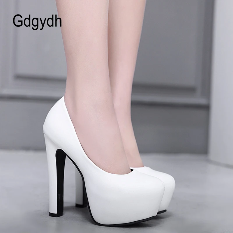 Gdgydh Womens Platform High Heels Shoes Slip On Stilettos Heel Leather PU Round Toe Black and White Classic Party Footwear