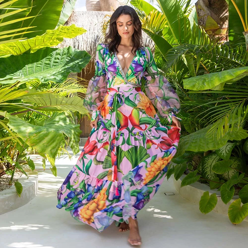 Women Swimwear V-neck Long Sleeve Flowers Printed One Piece Swimsuit and Skirt  Beachwear Bathing Suit bikini Two piece