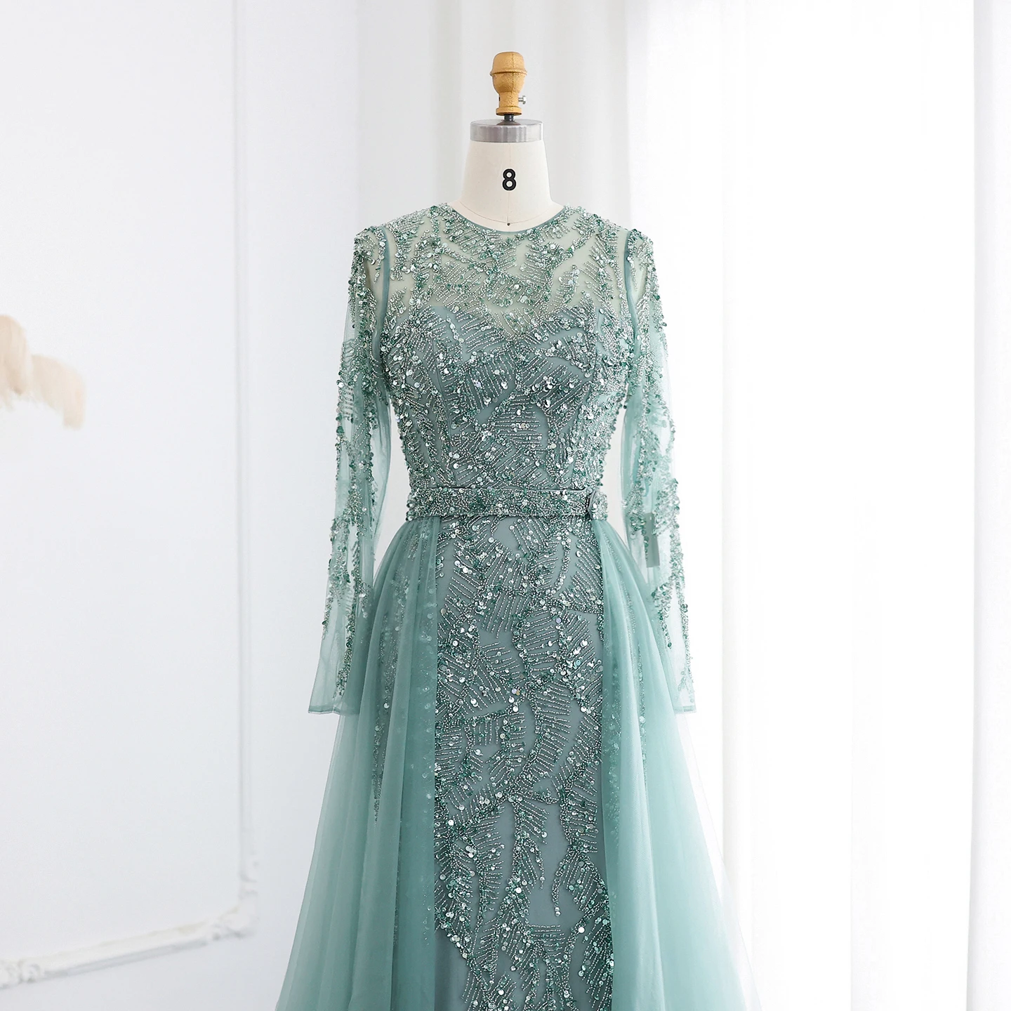 Sharon Said Luxuriöses Dubai Tüll Türkis Nude Meerjungfrauen-Abendkleid mit Überrock Arabisches Hochzeits-Formal-Partykleid SS183 Maßanfertigung – Detail 12
