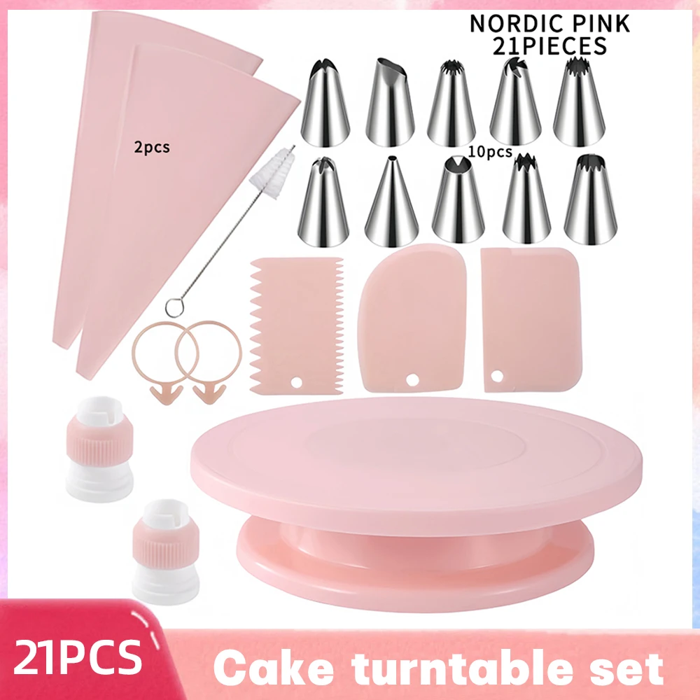 

21Pcs Cake Decorating Tools Kit Pastry Turntable Kit Piping Nozzle Piping Bag Set Icing Scraper Baking Tools Accessories Bak