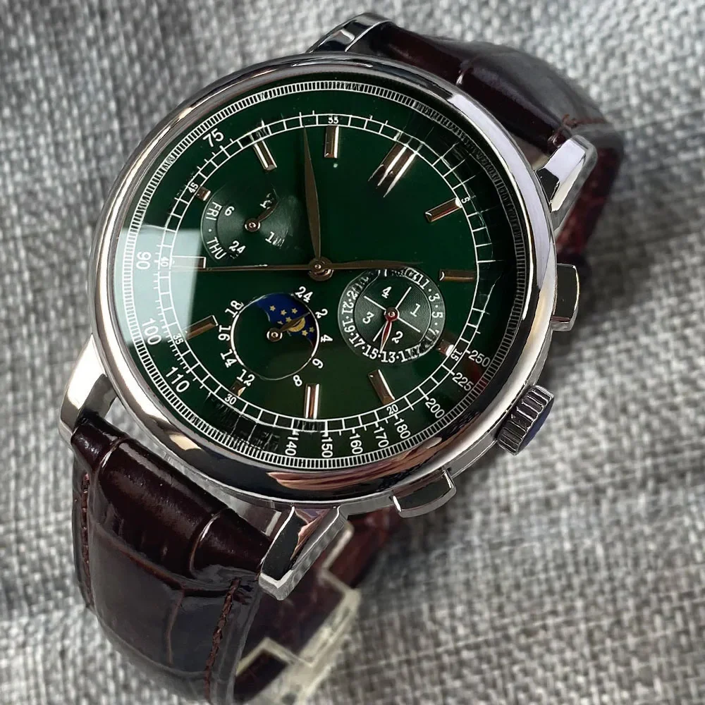 Corgeut Grün/Rosa/Weiß/Schwarz/Blau 42 mm multifunktionale ST1655 polierte automatische Herrenarmbanduhr mit Lederarmband