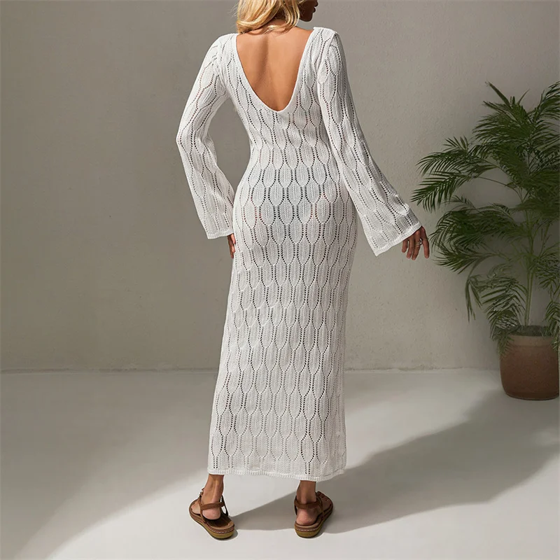 ผู้หญิงแขนยาวBackless Beachชุดถักดูผ่านโครเชต์บิกินี่Cover-Upเซ็กซี่ฤดูร้อนชุดว่ายน้ําหญิงSarong
