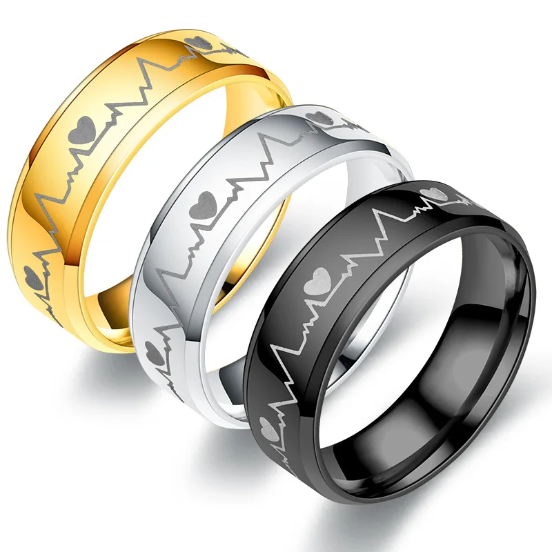 6mm      Punk Rings Men/Women Titanium Steel Black Electrocardiogram Wave heartbeat Ring Fashion Jewelry Simple Style