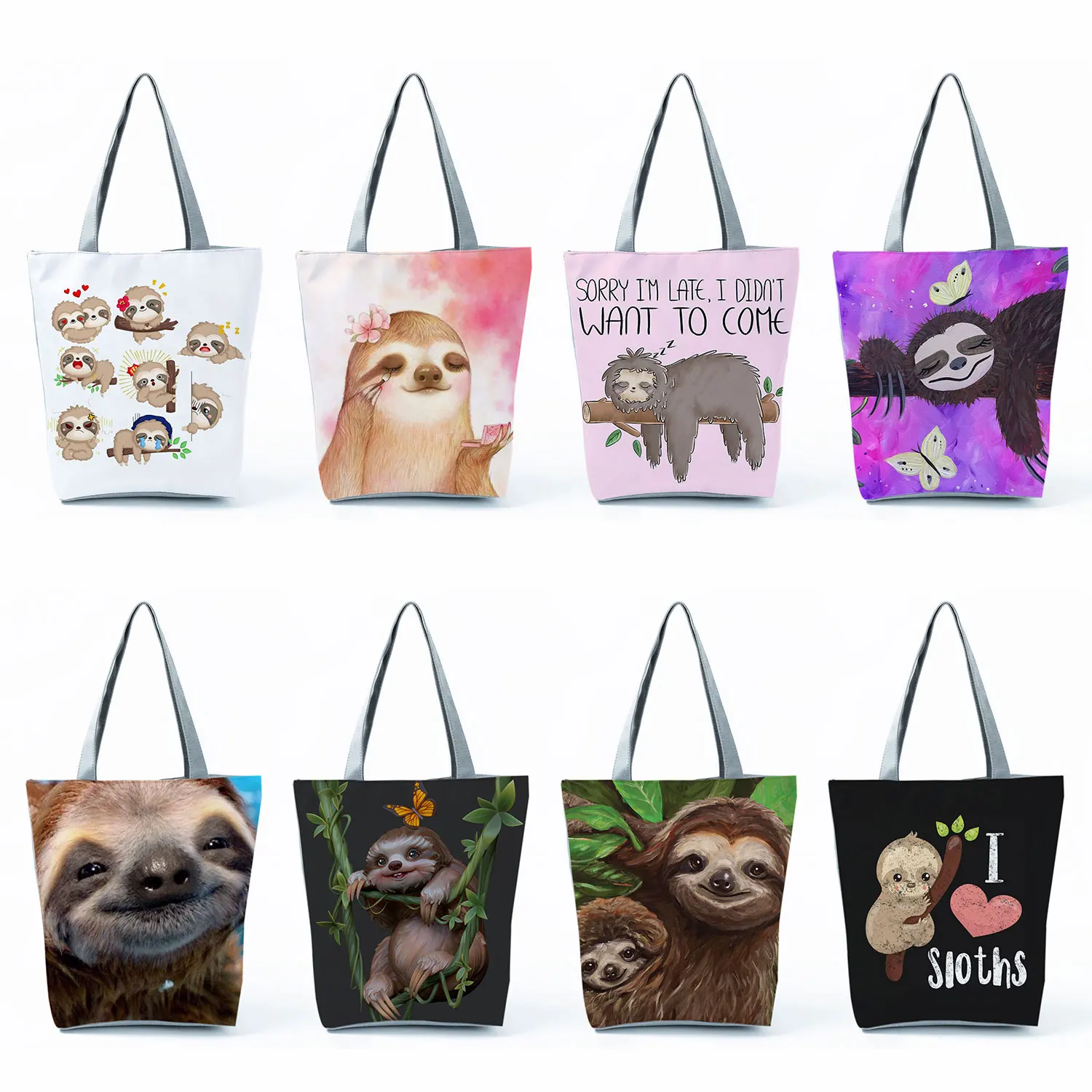 Custom Reusable Portable Shoulder Shopping Bags High Capacity Casual Travel Beach Tote Gift Plant Sloth Printed Women's Handbags