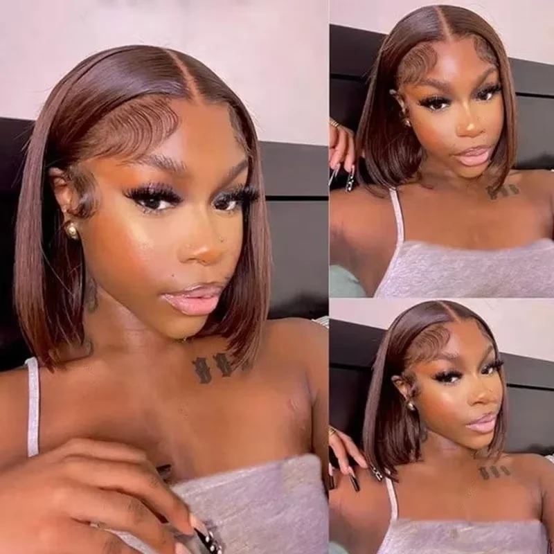 براون مستقيم بوب الدانتيل الجبهة الباروكات # 4 شعر بشري 13 × 4 باروكات أمامية من الدانتيل شعر مستعار قصير بوب دانتيل أمامي شعر بشري للمرأة السوداء