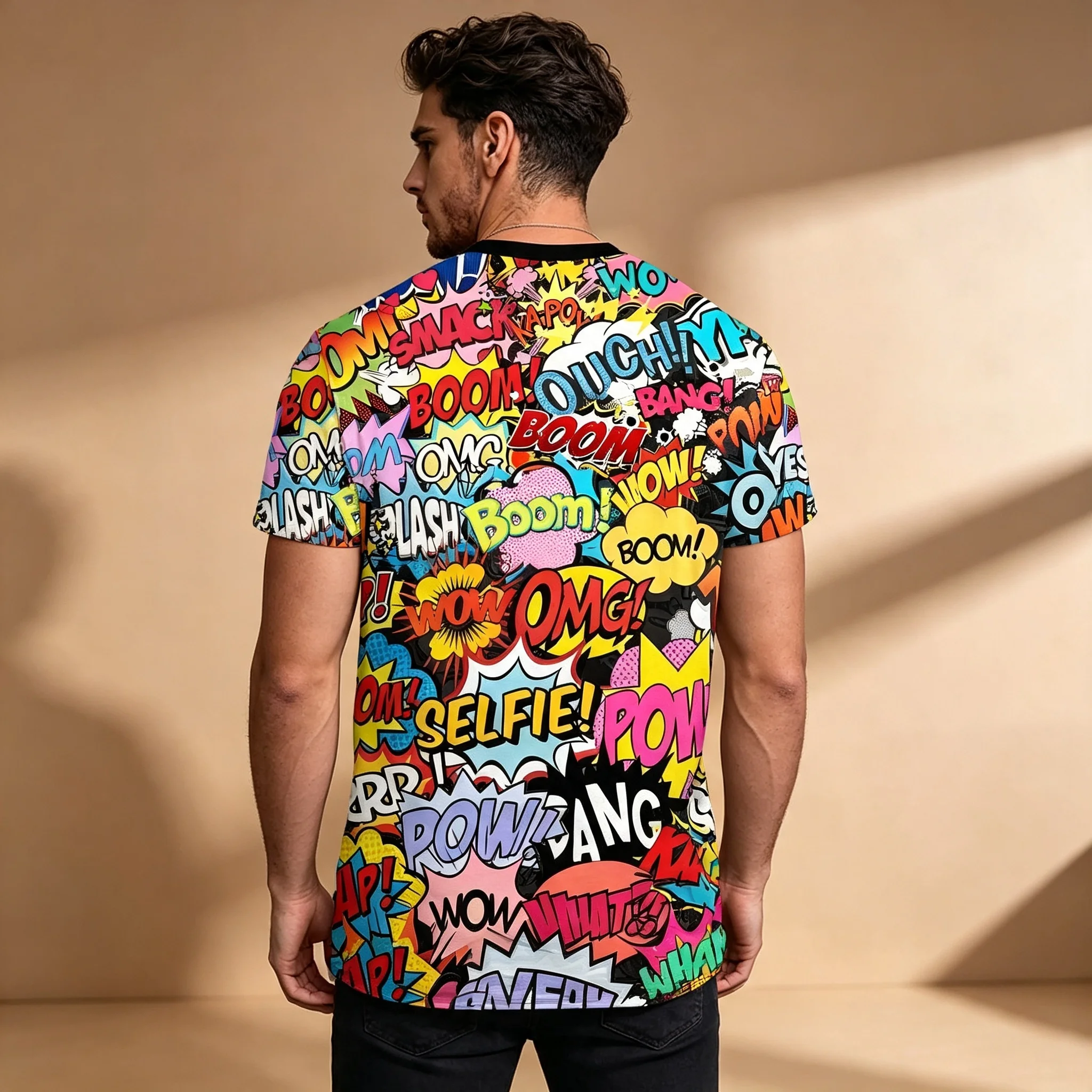 Cartoon Pop Comic Boom OMG Word Bubble Graphic Tee Men All Over Print Short Sleeve Hip Hop Casual T Shirt