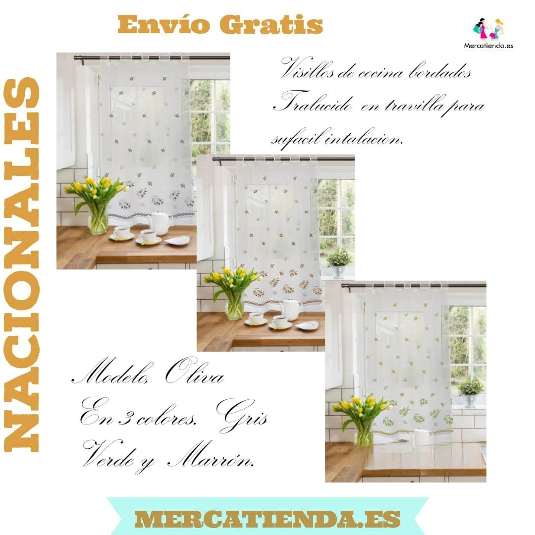 Embroidered curtains for 2 olives kitchen Pack, in shades of brown, gray and green. Optimal measurements of 1m x 150cm-add style and privacy to your kitchen with these elegant translucent curtains-perfect.