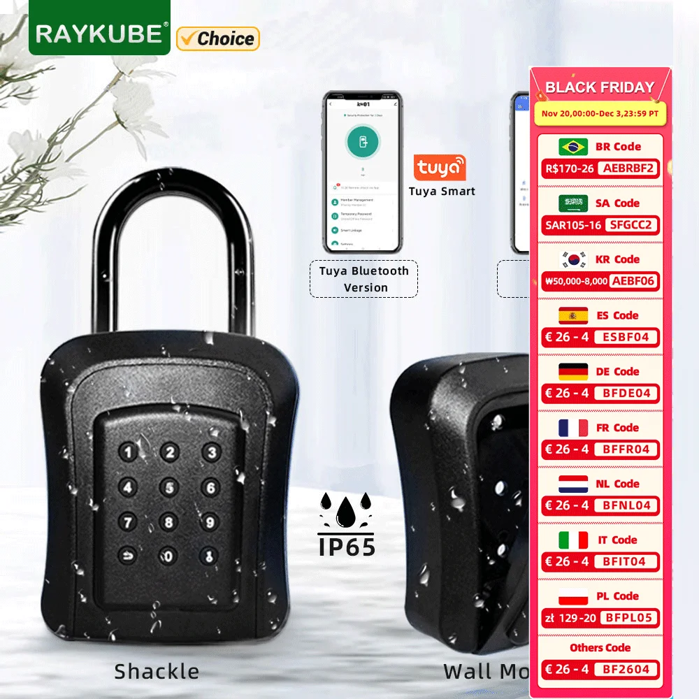 RAYKUBE K01C IP65 Waterproof Metal Smart Wall Mount Key Lock Box Security Lock with Tuya/ TT Lock APP/Password Unlock
