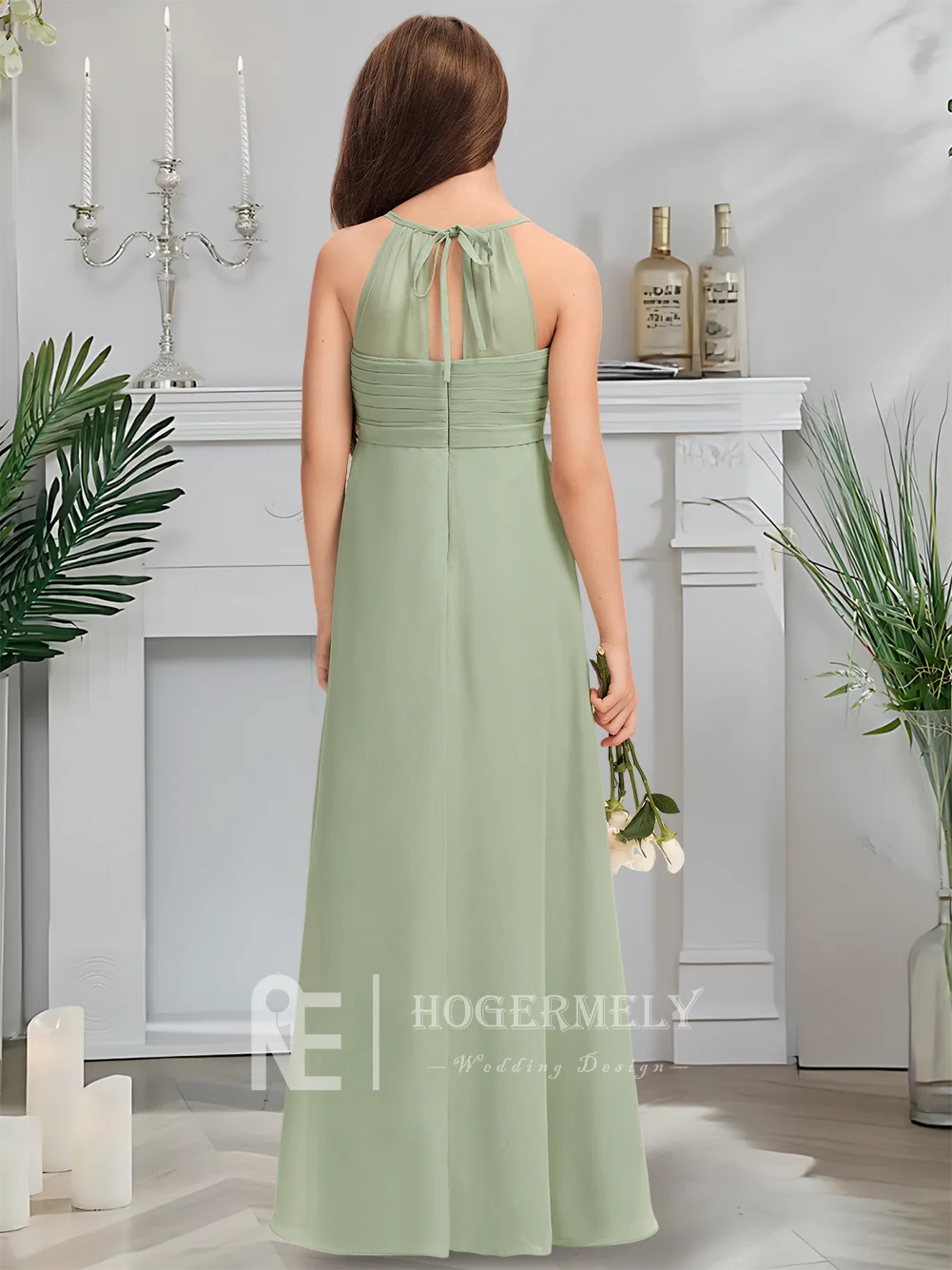 فستان وصيفة العروس الصغير برقبة على شكل V للأطفال فستان فتاة الزهور شيفون بطول الأرض مع كشكشة أنيقة لحفلات الزفاف للفتيات ملابس رسمية #2