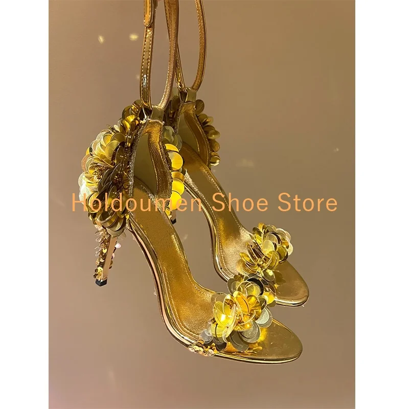 

Women's Gorgeous Handmade Sequin Decor Round Toe One Strap Sandals Fashion Peep Toe Ankle Strap Tower Buckle Stiletto Sandals