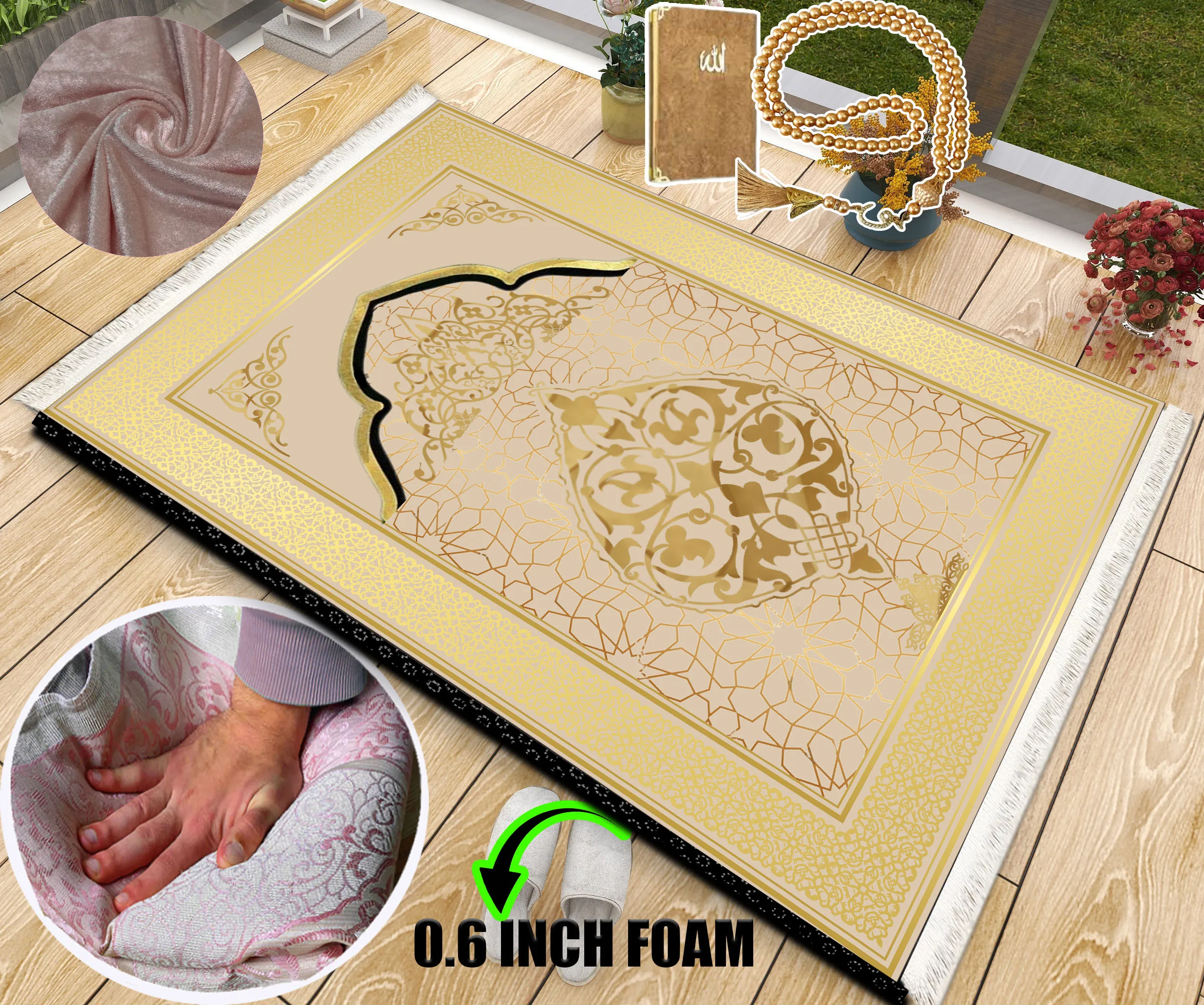 

Extra Thick Foam Padded Turkish Beige Gold Prayer Rug, Luxury Yaseen, Soft Praying Mat Carpet & Pearl Tasbeeh, İslamic Gift Set