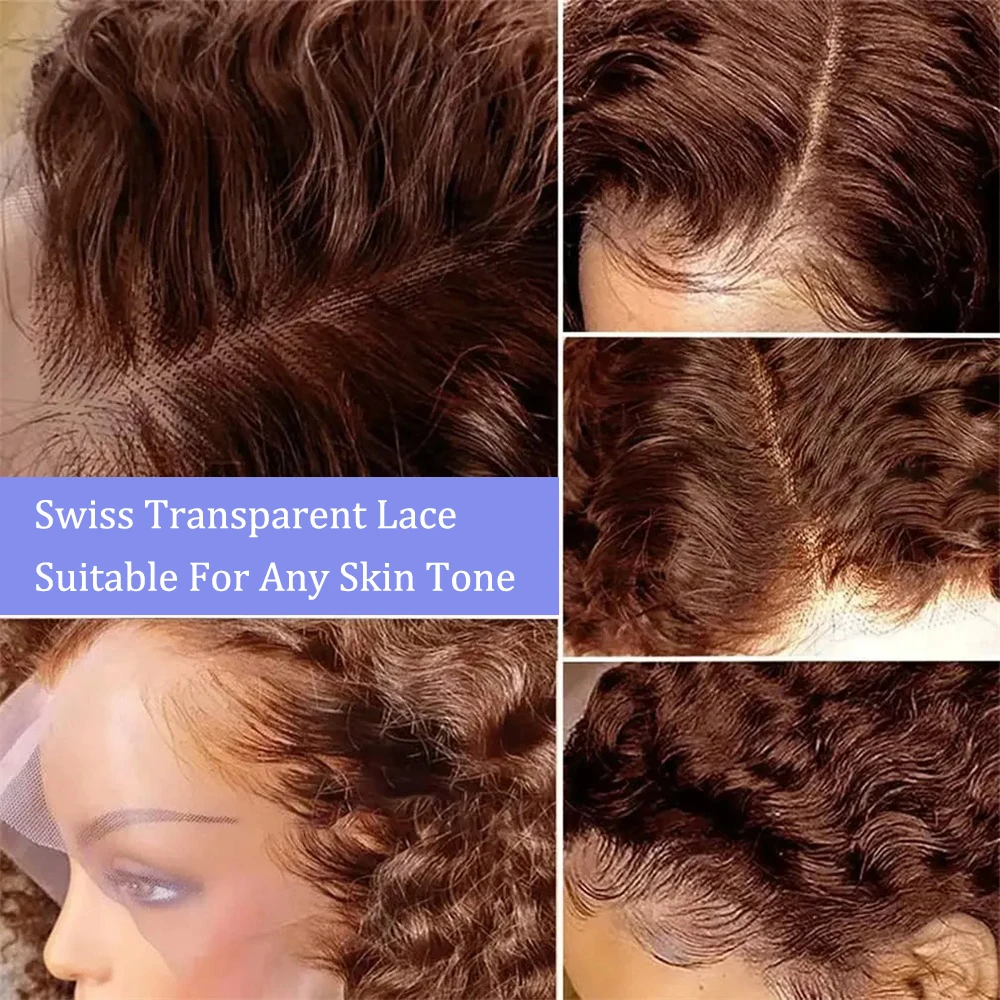 #4 Color Brown Chocolate 13x4 Transparent Lace Frontal Deep Wave Wigs Human Hair Pre Plucked Lace Front Human Hair Wig 200% Density Brown Color Human Hair Wigs For Women