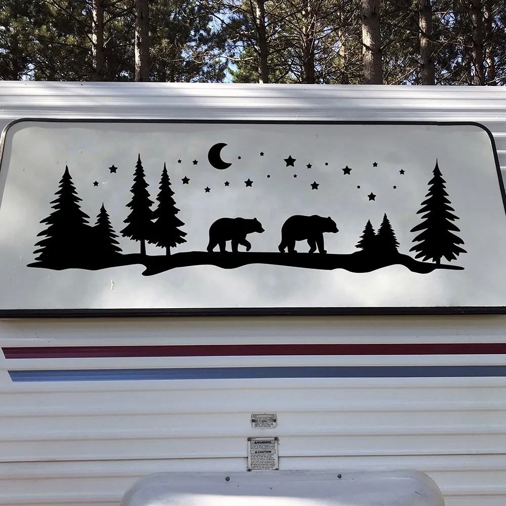 Pegatinas de diseño de coche, familia de osos, Luna, estrellas, árboles, escena, calcomanías de vinilo, gráficos de Camper de bosque, accesorios trocados