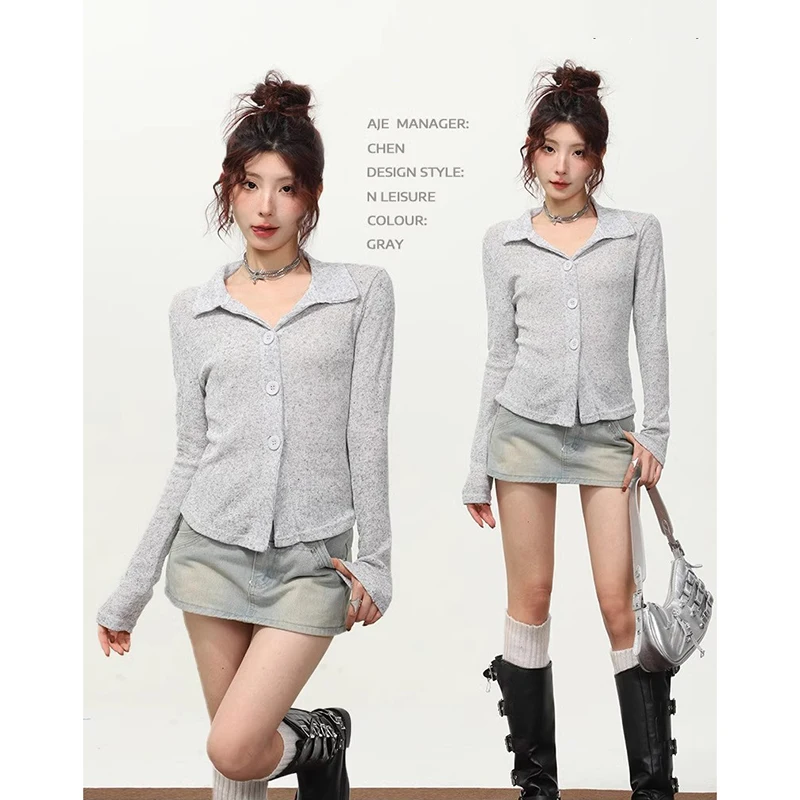 

Women's Knitted Cardigan Sweaters 2023 Autumn Button Lapel Solid Color Slim Sweater Single Breasted Fashion Crop Top