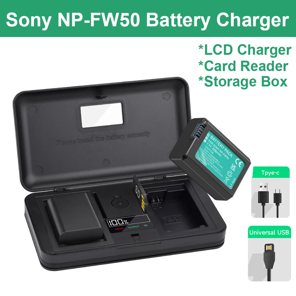 NP-FW50 Charger NP FW50 Battery Charger Case SD Card and Battery Holder for Sony Alpha a6500 a6300 a6000 a5000 a300 NEX 3 5 7