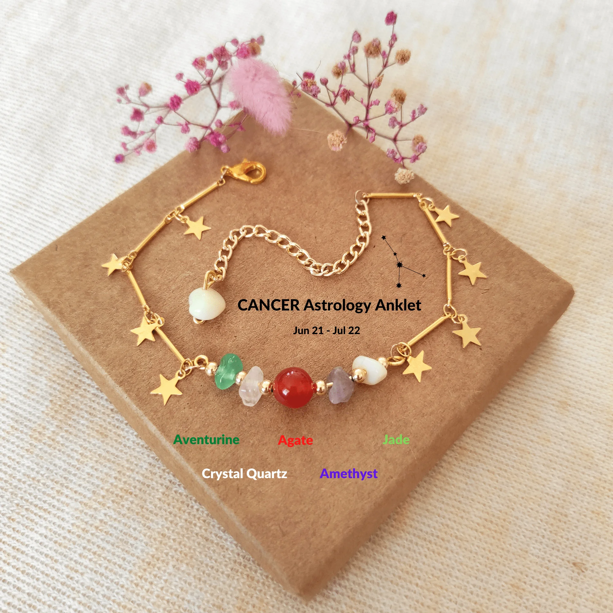 

LightCrop Design Cancer Adjustable Natural Stone Gold Anklet fashion zodiac gold plated chain