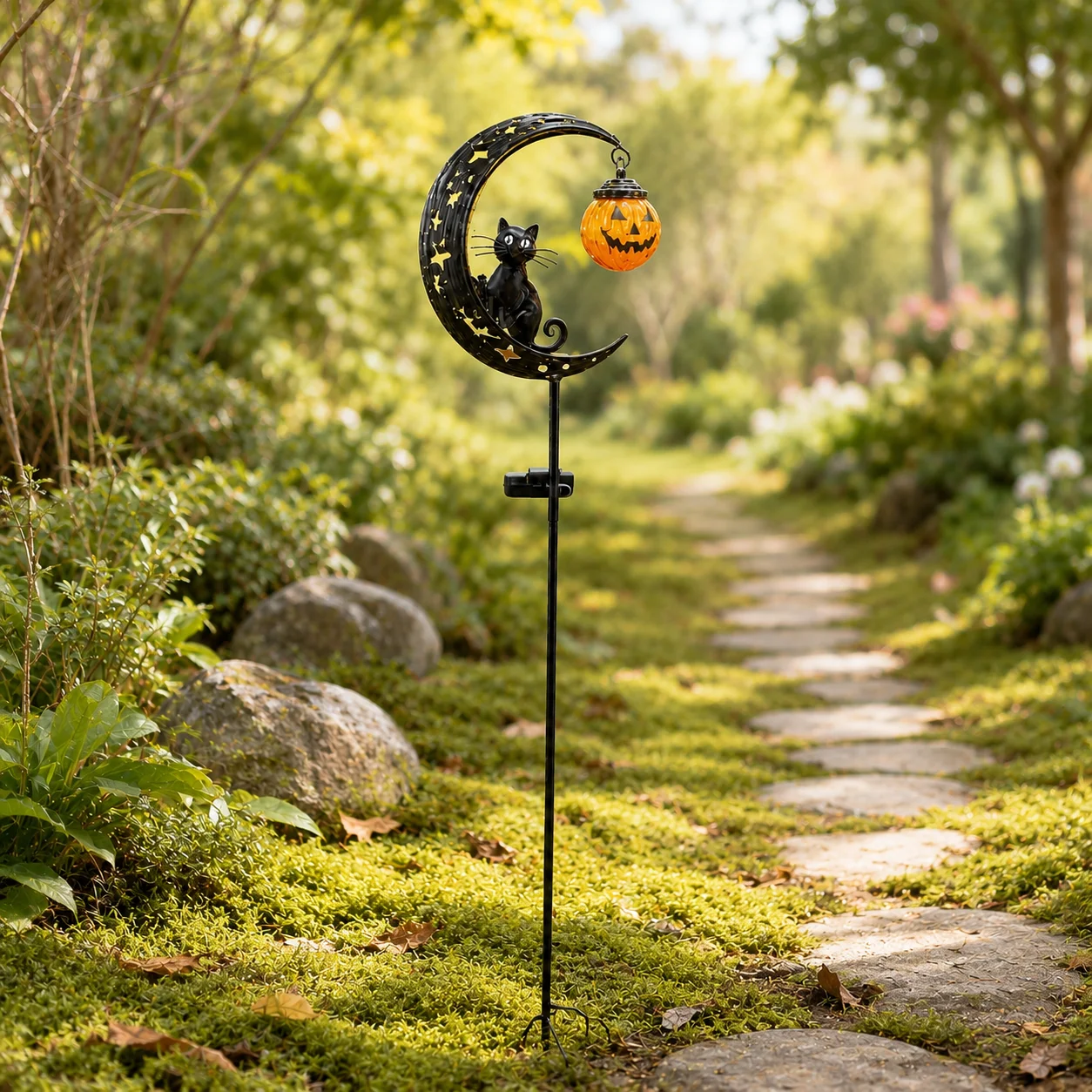 Halloween Solar Garden Stake Light Black Cat Crescent Moon Pumpkin Lantern Waterproof Outdoor Yard Pathway Decor